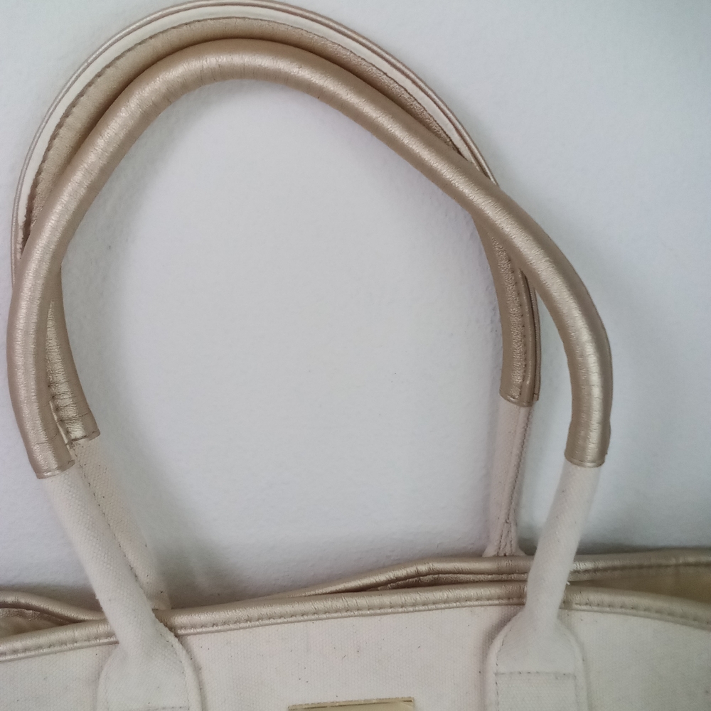 Ralph Lauren Cream Canvas Tote Bag Gold Vegan Leather NWOT - Picture 3 of 10